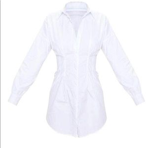 White Long Sleeve Fitted Waist Shirt Dress
